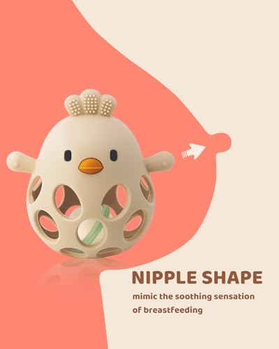 2-in-1 Baby Teething Toy, Easy Grasp Oball Rattle & Teether Toy for Babies 0-12 Months, 100% Food Grade Silicone, 3-6 6-12 Month Baby Teething Relief Toy, BPA Free
