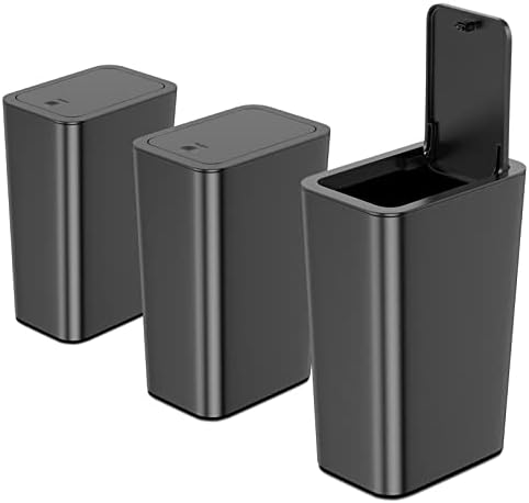 N. NETDOT 3 Pack 10 L/2.6 Gal Bathroom Trash Can with Lid, Small Kitchen Trash Can with Press Type Lid, Black Trash Can/Slim Garbage Cans/Trash Bin/Waste Basket for Bathroom,Kitchen,Office,Bedroom
