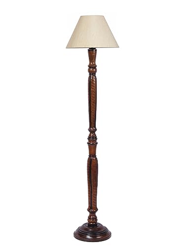 Image of Devansh Off-White Cotton conical Wooden Floor lamp -16