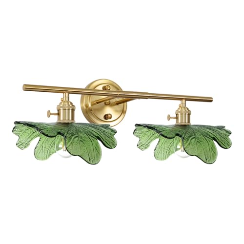 Image of Green Bathroom Vanity Lights Over Mirror, 2 Light Vintage Wall sconces with Glass Shade Bathroom Sconce mid Century Wall Sconce Light Gold Wall Lighting Fixture for Bedside Bedroom Doorway