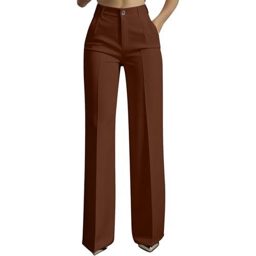 Womens Dress Pants Business Casual Wide Leg Office Work Slacks Stretchy Straight High Waisted Trousers Brown L