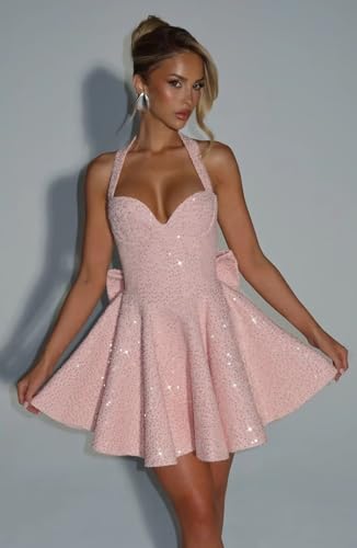 Sequin Homecoming Dresses for Teens 2025 Halter Short Prom Dress Ruched A Line Cocktail Party Gown with Bow4