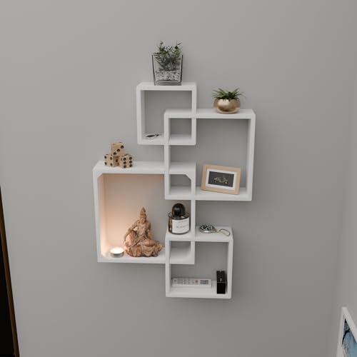 Image of Etiquette Art Engineered Wood Floating Cube Shelves - Intersecting Wall Mounted Box Shelves for Bedrooms, Living Rooms & More - Set of 4 (White)
