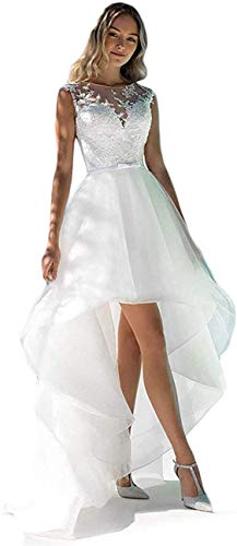 Melisa Women's A Line high Low Lace Beach Wedding Dresses for Bride with Sash Short Length Bridal Ball Gowns Ivory