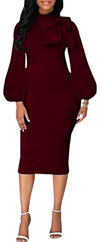 Image of Sexy Long Sleeve Dress for Women Solid Color Bow Knot Turtleneck Formal Gown Midi Casual Church Dresses