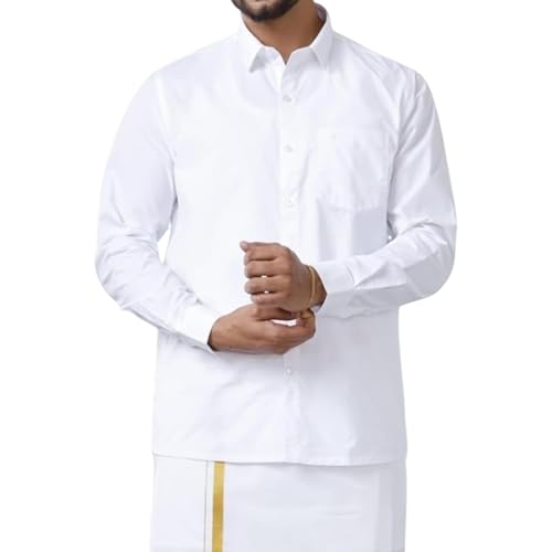 Image of Hamron Men's Cotton Casual Shirt, Regular Fit, White, Full Sleeve, Single Pocket, Classic Collar