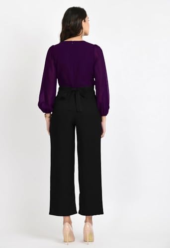 Image of V&M Women's Black V-Neck Jumpsuit | Full Sleeve Straight-Leg One-Piece with Side Pockets | Elegant Western for Office, Party & Evening Outfits