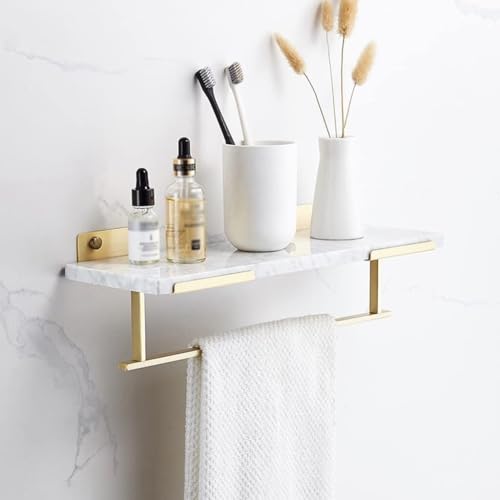 Nordic Wall-Mounted Shower Caddy Shelf 40cm Brushed Brass White Marble Organizer for Bathroom Kitchen Storage with Rod Stylish