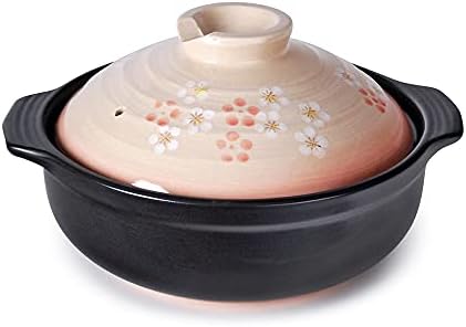 Hinomaru Collection Japanese Style Donabe Earthenware Clay Pot Hot Pot Casserole Sakura Cherry Blossom Hana Flower Design (100 fl oz (10.75" Dia))