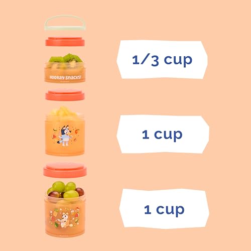 Image of Whiskware Bluey Stackable Snack Containers for Babies, Toddlers, and Kids, 3 Stackable Snack Cups for School and Travel, Cupholder Friendly, Bluey and Bingo! Hooray Snacks!