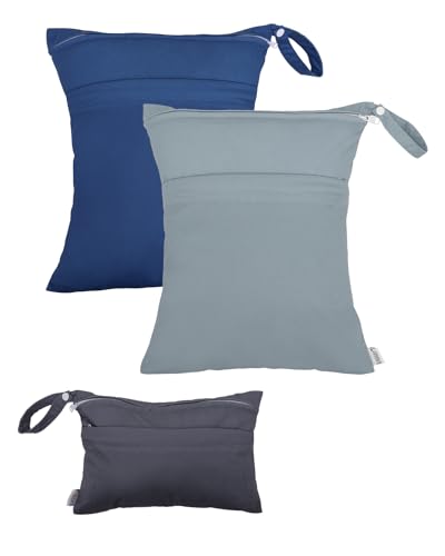 Image of ALVABABY 3 Cloth Diaper Wet Dry Bags Waterproof Reusable with Two Zippered Pockets Travel Beach Pool Daycare Soiled Baby Items Yoga Gym Bag for Swimsuits or Wet Clothes Small medium Large 3L-SML01