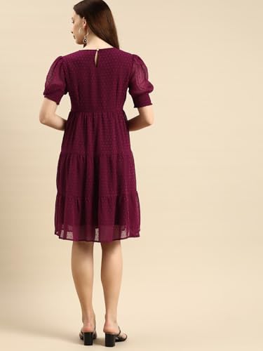 Image of Amazon Brand - INKAST Women A-Line Midi Dress | Puff Sleeves | Perfect for Casual and Semi-Formal Occasions