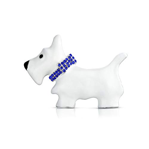 Image of Bling Jewelry Large Statement Blue Or Pink Crystal Collar White Enamel Westie Scottie Terri Dog Pet Animal Scarf Brooch Pin For Women Teens Silver Tone Rhodium Plated 1.3 Inch
