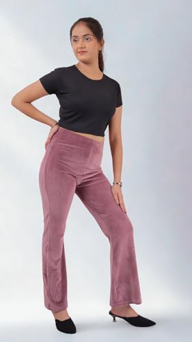 Image of Pink Shell Women's High Waist Bell Bottom Pants in Velvet
