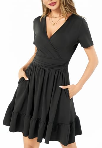 Image of Women's Fashion Summer Causal Short Sleeve Dress V Neck Beach Party Dresses with Pockets