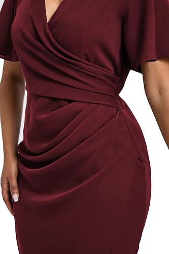 Image of Women's Wrap V Neck Asymmetrical Hem Midi Ruched Cocktail Evening Dress | Back Zipper, Regular Fit, Club Night, Semi Office Formal, Wedding Dinner Date, Flutter Short Sleeve, High Low Irregular Hem