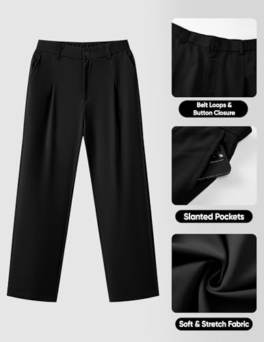 JMIERR Men's Casual Pleated Baggy Chions Pants Elastic Waist Relaxed Fit Straight Leg Dress Trousers for Men Lounge, L, Black