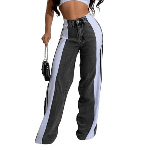 Jean taille haute à rayures FGRID pour femmes pantalon large droit en denim extensible taille XXL