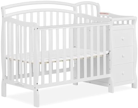 Casco 3-In-1 Mini Crib And Changing Table In White, Convertible Crib, Made Of Pinewood, Three Position Adjustable Mattress Height Settings