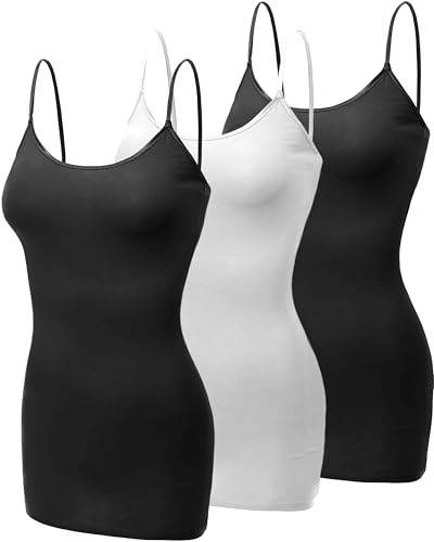 Emmalise Women's Basic Casual Long Camisole Adjustable Strap Cami Layering Top, 3XL, 3Pk, 2Black, White