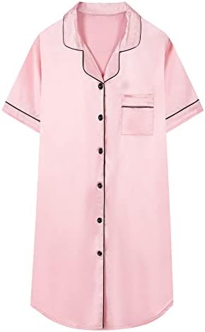 Schbbbta Girls Satin Nightgown Button Down Short Sleeve Silky Sleepwear Nightshirt Dress, Q-Pink, 11-12 Years, 160