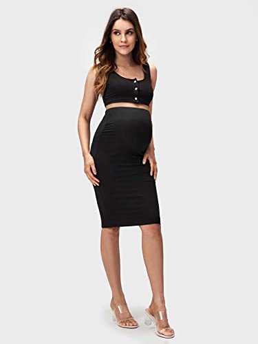 Verdusa Women's Stretch High Waist Midi Maternity Pencil Split Hem Pregnancy Skirt Solid Black S #TOP4