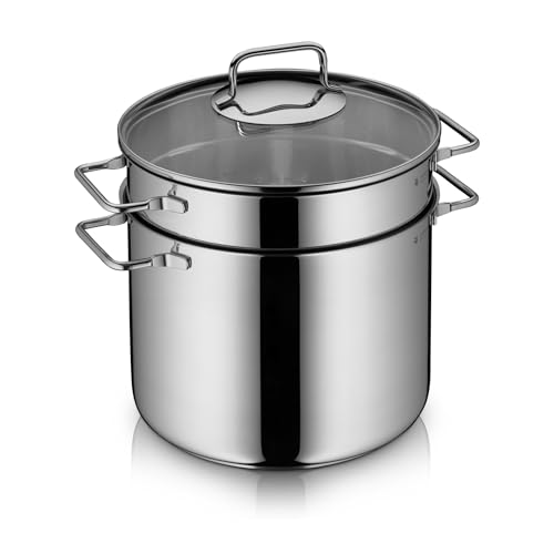 WMF Nudeltopf mit Sieb 24 cm Induktion, Kochtopf groß 7l, Spaghettitopf mit Glasdeckel, Cromargan Edelstahl poliert, Pastatopf