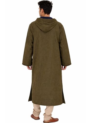Image of Exotic India Men's Woolen Blend Kashmiri Phiran with Hood | Pure Wool Long Overcoat-Oversized Phiran for Men