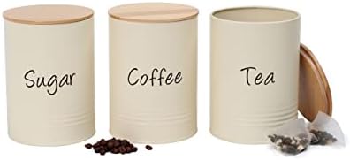 EHC Kitchen Storage Containers for Tea, Coffee, Sugar With Bamboo Lid, Set of 3 Jars, Food Storage Tin With Lid, Airtight Canisters Set, Cream