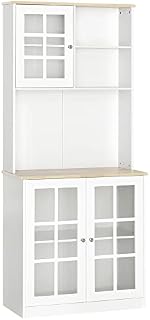HOMCOM Freestanding Kitchen Cupboard, Storage Cabinet with Doors and Adjustable Shelves, Counter Top, Grid Glass Doors, 80L x 37W x 183H cm - White
