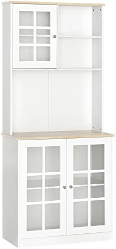 HOMCOM Kitchen Buffet with Hutch, Storage Pantry with 2 Cabinets with Glass Doors and Adjustable Shelf, 2 Open Shelves and Large Countertop, White