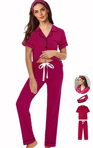Image of WJing Yi Jia 3Pcs Soft Pajama Sets For Women XS-XXL Womens Pajamas Set Sleepwear Button Down Short Sleeve Long Pants Pj sets