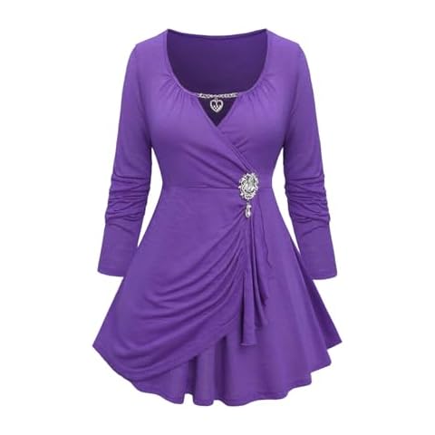 ROSE GAL Rosegal Plus Size Surplice Blouse for Women Elegant Heart Chains Ruched Buckle Wrap Top Draped Tunic Top Long Sleeves Tee(Purple_2/2X) Cover