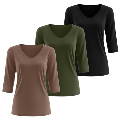 Huukeay 3 Pack Women's 3/4 Sleeve T-Shirts, V Neck Casual Tops Loose Fit Tunic Basic Tees 3/4 Length Sleeve Soft Blouses2