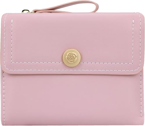 Kawaii Pink Mini Bifold Genuine Leather Wallet for Women Thin Design ID Window Compact Cute Style 4 Card Slots (Pink)