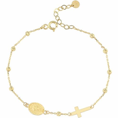Image of MIONZA Catholic Medal Cross Bracelet for Women | 14K Gold Plated or Solid Gold, Religious Rosary Jewelry, Choose Your Saint Medal Bracelet