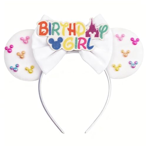 bianbaistar White Mouse Ears Headband Matte Bow & Pastel Accents for Birthday & Theme Parks