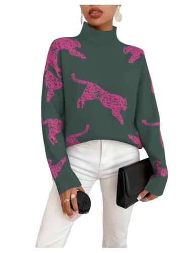 Image of WDIRARA Women's Leopard Tiger Print Sweater High Neck Long Sleeve Fuzzy Knitted Pullover Top