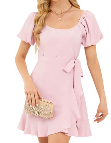 Image of Women's Summer Dresses Puffed Sleeve Round Neck Short Waist Wedding Guest Dresses 2025