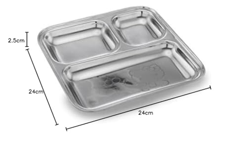 Image of Expresso - Heavy Duty Stainless Steel Square Small Dinner Plate with 3 Sections Divided Mess Trays for Kids Lunch, Camping, Events & Every Day Use Kitchenware, Hello Kitty Design