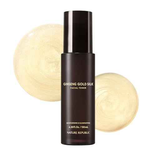 Nature Republic Ginseng Gold Silk Facial Toner, Hydrating Glow Toner, Niacinamide & Silk Amino Acid, Royal Jelly Extract, Korean Skin Care for All Skin Types 130 ml / 4.39 Fl. oz.