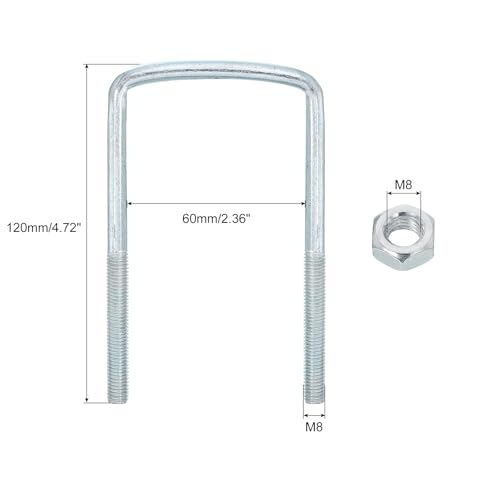 Image of uxcell Square U-Bolts, 8 Sets 60mm Inner Width 120mm Length M8 Zinc-Plated Carbon Steel U Clamp Bolt with Nuts and Plates, for Boat Trailer
