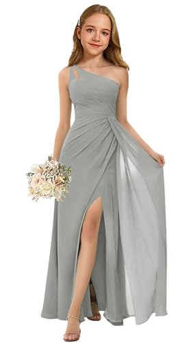 Oittuye One Shoulder Chiffon Girls Formal Dress Ruched Junior Bridesmaid Gown Flower Girl Slit Maxi Dress with Slit, Silver, Size 18
