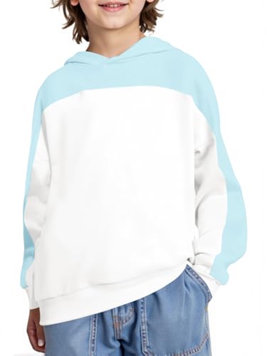 Haloumoning Boys Color Block Hoodies Kids Fashion Long Sleeve Hooded Sweatshirts Pullover 5-14 Years White