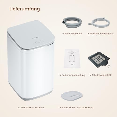 HAVA Mini Waschmaschine, 3 kg Fassungsvermögen Kleine Waschmaschine & Schleuder, Vollautomatisch mit 8 Programmen, Heißwaschfunktion & Ablaufpumpe, Platzsparend für Wohnungen, Wohnheime und Wohnmobile