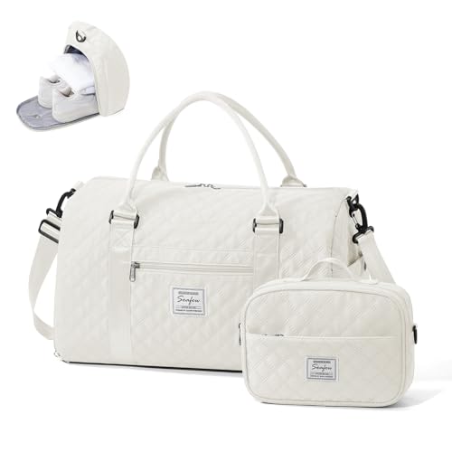Image of Gym Duffle Bag for Women with Shoe Compartment Waterproof Travel Tote Bags Personal Item Carry On Weekender Overnight Bags with Toiletry Bag Swimming Yoga Bags Hospital Holdalls Beige
