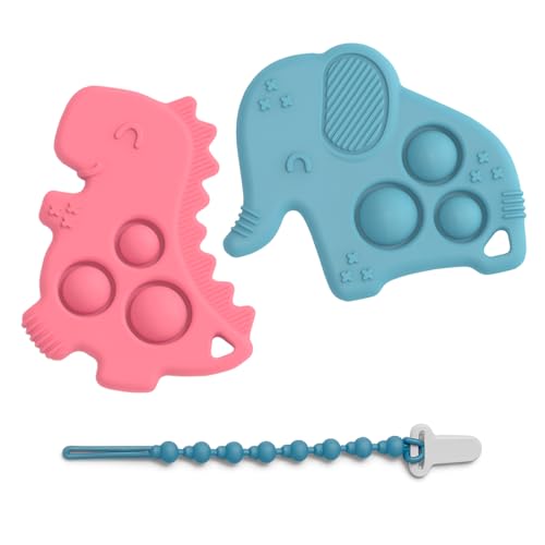 GLOUD Mordedor de bebé, conjunto de 2 mordedores cordão anti-perda, 3-12 meses, silicone alimentar sem BPA, brinquedo de dentição seguro, fácil de limpar e com texturas