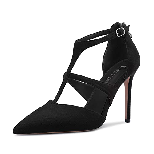 DearOnly Women Stiletto High Heel Pointed Toe Pumps T-Strap Zipper Office Dress 3.9 Inches Heels