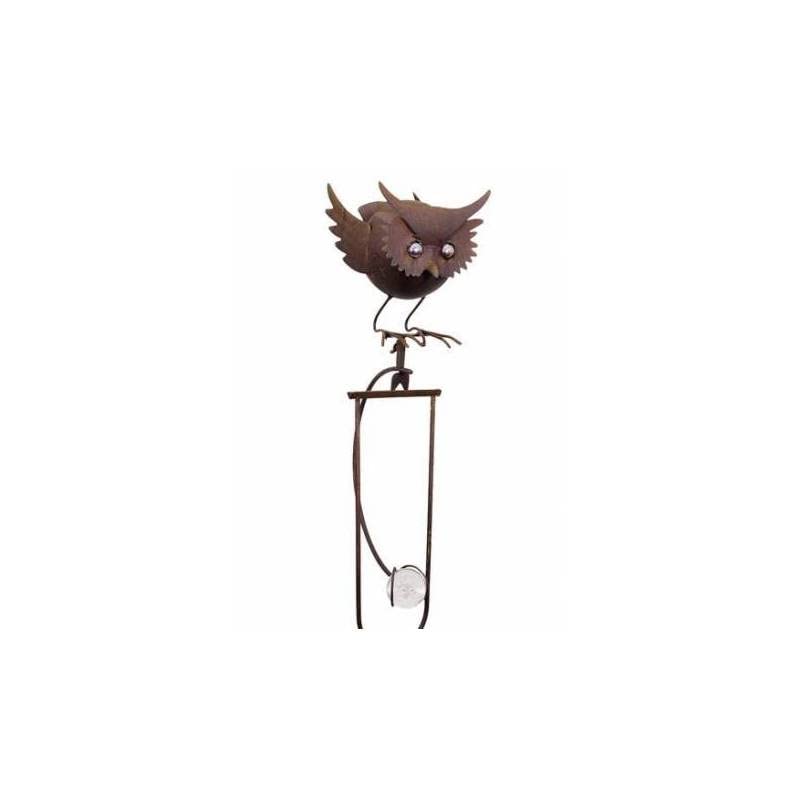 Mobile de Jardin à Balancier à Planter ou Tuteur pour Plantes Motif Chouette en Fer et Verre Patiné Marron 14x20x147cm