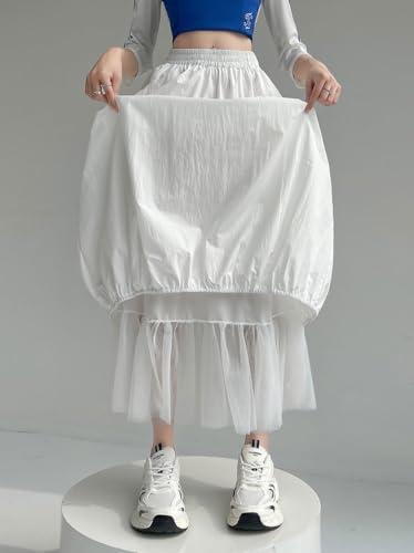chouyatou Women's Y2k Baggy Parachute Skirt Casual Elastic Waist Mesh Spliced Bubble Puffy Long Skirt with Pockets3